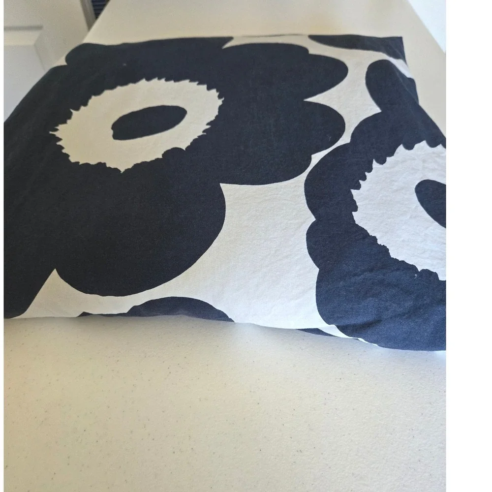 Marimekko Unikko Navy Blue White Floral Full Queen Duvet Cover 100% Cotton 88x92